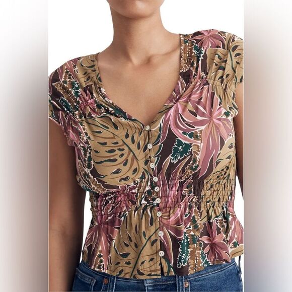 Madewell NWT Shirred Cap-Sleeve Top in Brushstroke Monstera size M - Picture 1 of 4